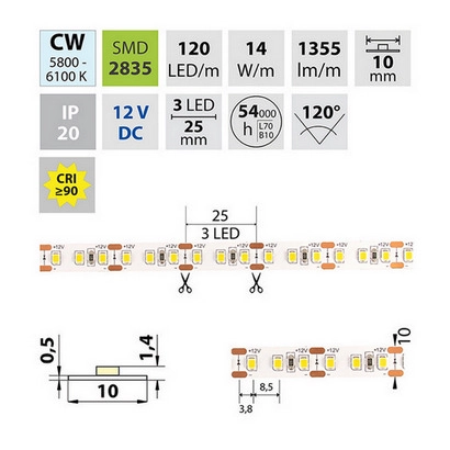 LED pásek McLED 12V studená bílá CRI90 š=10mm IP20 14W/m 120LED/m SMD2835 ML-121.368.60.2 (obrázek 4)