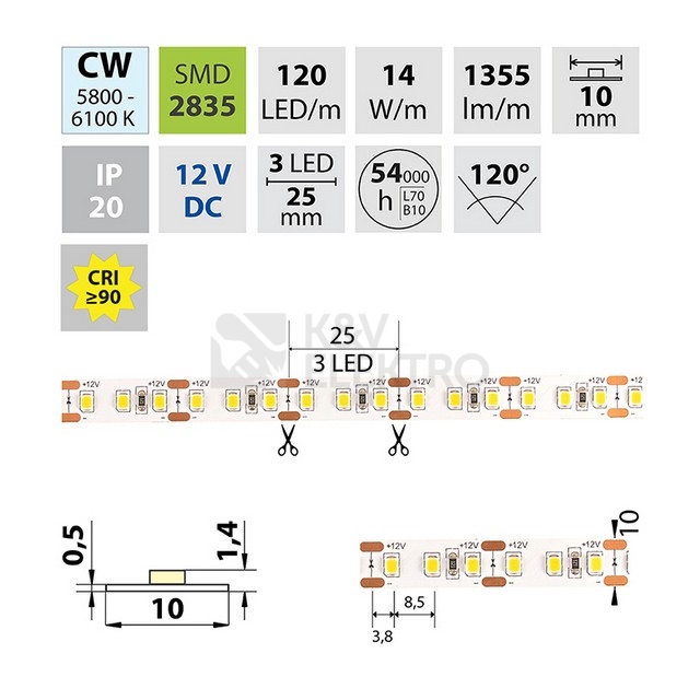 Obrázek produktu LED pásek McLED 12V studená bílá CRI90 š=10mm IP20 14W/m 120LED/m SMD2835 ML-121.368.60.2 1