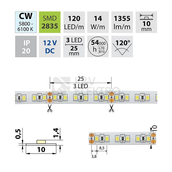 Obrázek produktu LED pásek McLED 12V studená bílá CRI90 š=10mm IP20 14W/m 120LED/m SMD2835 ML-121.368.60.2 4