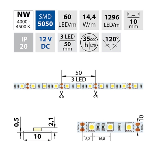 LED pásek McLED 12V neutrální bílá š=10mm IP20 14,4W/m 60LED/m SMD5050 ML-121.665.60.0