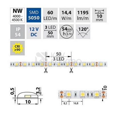 Obrázek produktu LED pásek McLED 12V neutrální bílá š=10mm IP54 14,4W/m 60LED/m SMD5050 ML-121.675.60.0 3