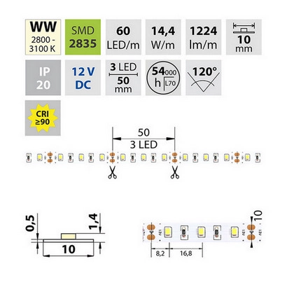 LED pásek McLED 12V teplá bílá CRI90 š=10mm IP20 14,4W/m 60LED/m SMD2835 ML-121.700.60.2 (obrázek 4)
