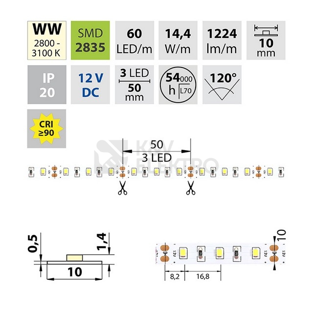 Obrázek produktu LED pásek McLED 12V teplá bílá CRI90 š=10mm IP20 14,4W/m 60LED/m SMD2835 ML-121.700.60.2 1