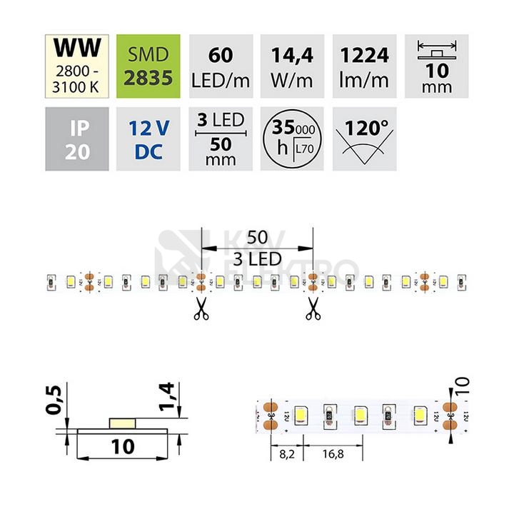 Obrázek produktu LED pásek McLED 12V teplá bílá CRI90 š=10mm IP20 14,4W/m 60LED/m SMD2835 ML-121.700.60.2 4