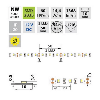 LED pásek McLED 12V neutrální bílá CRI90 š=10mm IP20 14,4W/m 60LED/m SMD2835 ML-121.701.60.2 (obrázek 4)