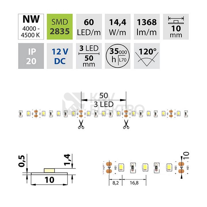 Obrázek produktu LED pásek McLED 12V neutrální bílá CRI90 š=10mm IP20 14,4W/m 60LED/m SMD2835 ML-121.701.60.2 4