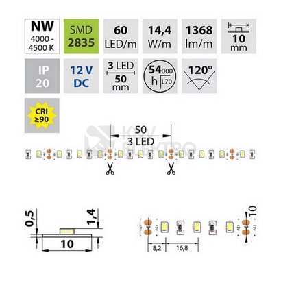 Obrázek produktu LED pásek McLED 12V neutrální bílá CRI90 š=10mm IP20 14,4W/m 60LED/m SMD2835 ML-121.701.60.2 3