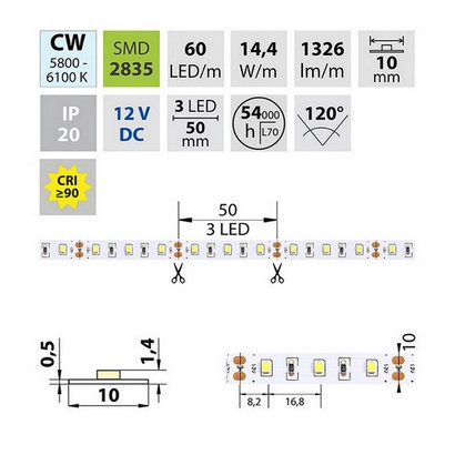 LED pásek McLED 12V studená bílá CRI90 š=10mm IP20 14,4W/m 60LED/m SMD2835 ML-121.702.60.2 (obrázek 5)