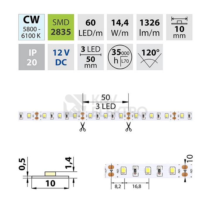 Obrázek produktu LED pásek McLED 12V studená bílá CRI90 š=10mm IP20 14,4W/m 60LED/m SMD2835 ML-121.702.60.2 4
