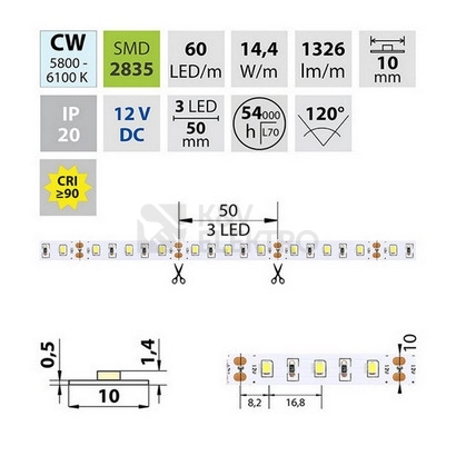 Obrázek produktu LED pásek McLED 12V studená bílá CRI90 š=10mm IP20 14,4W/m 60LED/m SMD2835 ML-121.702.60.2 3