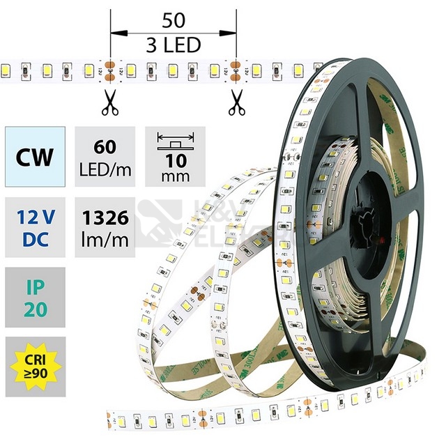 Obrázek produktu LED pásek McLED 12V studená bílá CRI90 š=10mm IP20 14,4W/m 60LED/m SMD2835 ML-121.702.60.2 7