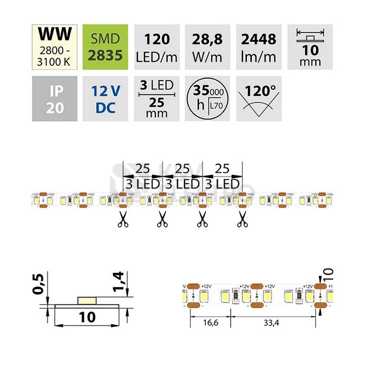 Obrázek produktu LED pásek McLED 12V teplá bílá š=10mm IP20 28,8W/m 120LED/m SMD2835 ML-121.703.60.0 3