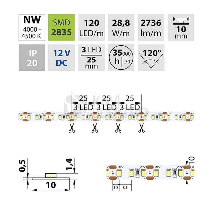 Obrázek produktu LED pásek McLED 12V neutrální bílá š=10mm IP20 28,8W/m 120LED/m SMD2835 ML-121.704.60.0 3