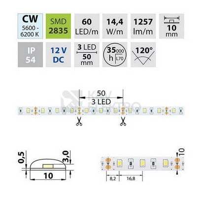 Obrázek produktu LED pásek McLED 12V SMD2835 studená bílá 60LED/m 14,4W/m IP54 10mm ML-121.711.60.0 3