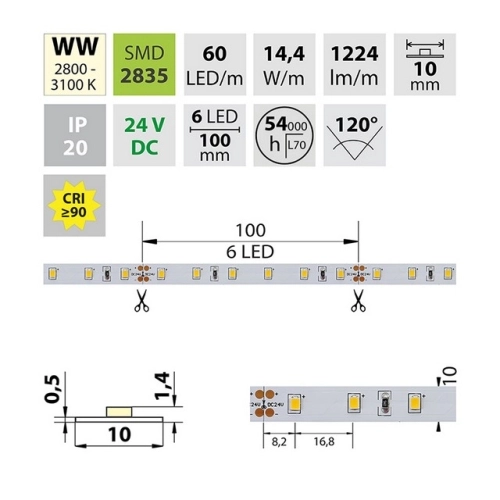 LED pásek McLED 24V teplá bílá CRI90 š=10mm IP20 14,4W/m 60LED/m SMD2835 ML-126.700.60.2 (obrázek 7)