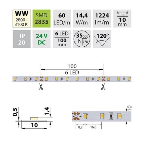LED pásek McLED 24V teplá bílá CRI90 š=10mm IP20 14,4W/m 60LED/m SMD2835 ML-126.700.60.2 (obrázek 8)