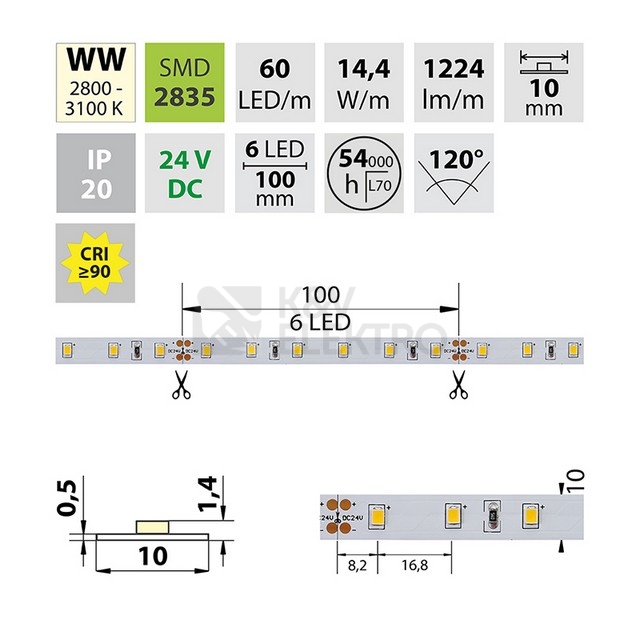 Obrázek produktu LED pásek McLED 24V teplá bílá CRI90 š=10mm IP20 14,4W/m 60LED/m SMD2835 ML-126.700.60.2 1