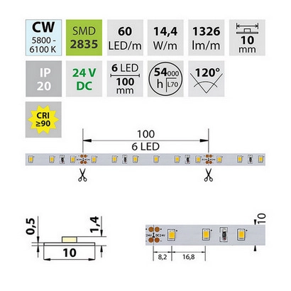 LED pásek McLED 24V studená bílá CRI90 š=10mm IP20 14,4W/m 60LED/m SMD2835 ML-126.702.60.2 (obrázek 6)