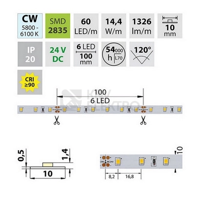 Obrázek produktu LED pásek McLED 24V studená bílá CRI90 š=10mm IP20 14,4W/m 60LED/m SMD2835 ML-126.702.60.2 3