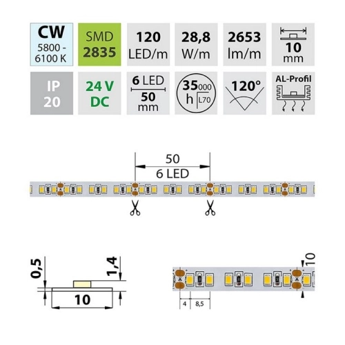 LED pásek McLED 24V studená bílá š=10mm IP20 28,8W/m 120LED/m SMD2835 ML-126.705.60.0 (obrázek 7)