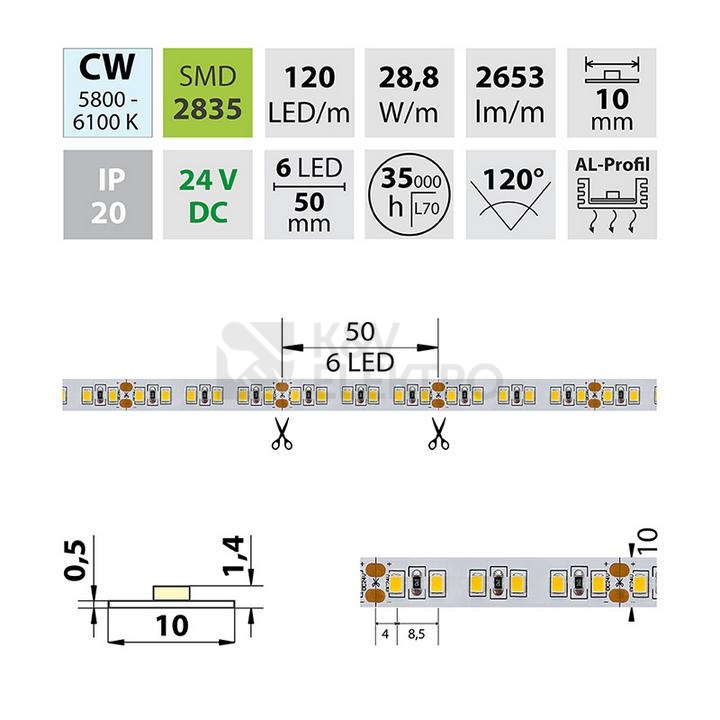 Obrázek produktu LED pásek McLED 24V studená bílá š=10mm IP20 28,8W/m 120LED/m SMD2835 ML-126.705.60.0 3