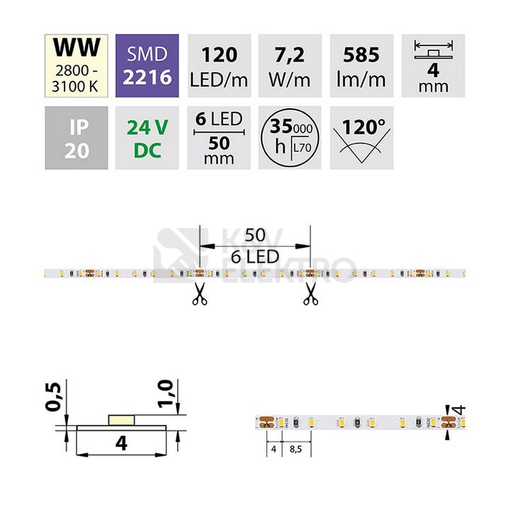 Obrázek produktu  LED pásek McLED 24V teplá bílá š=4mm IP20 7,2W/m 120LED/m SMD2216 ML-126.730.60.0 3