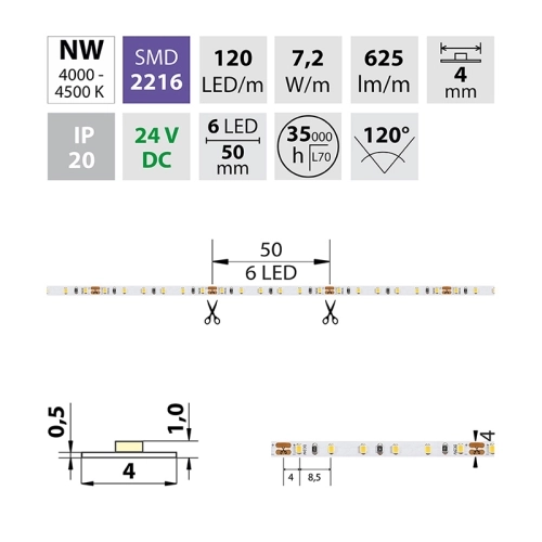 LED pásek McLED 24V neutrální bílá š=4mm IP20 7,2W/m 120LED/m SMD2216 ML-126.731.60.0 (obrázek 3)