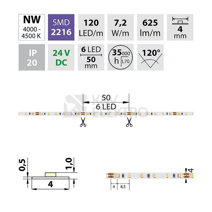 Obrázek produktu  LED pásek McLED 24V neutrální bílá š=4mm IP20 7,2W/m 120LED/m SMD2216 ML-126.731.60.0 3