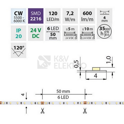 Obrázek produktu  LED pásek McLED 24V studená bílá š=4mm IP20 7,2W/m 120LED/m SMD2216 ML-126.732.60.0 3