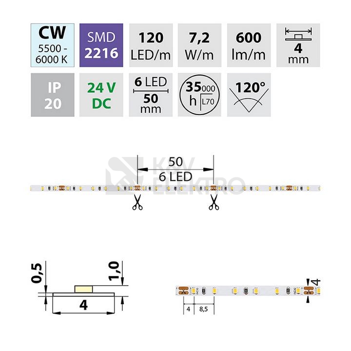 Obrázek produktu  LED pásek McLED 24V studená bílá š=4mm IP20 7,2W/m 120LED/m SMD2216 ML-126.732.60.0 7