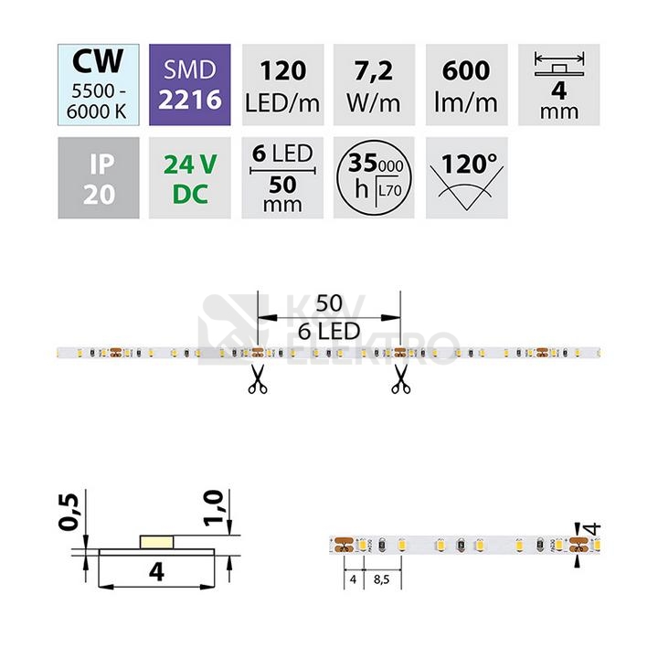 Obrázek produktu  LED pásek McLED 24V studená bílá š=4mm IP20 7,2W/m 120LED/m SMD2216 ML-126.732.60.0 3