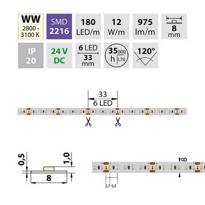 LED pásek McLED 24V teplá bílá š=8mm IP20 12W/m 180LED/m SMD2216 ML-126.733.60.0 (obrázek 8)