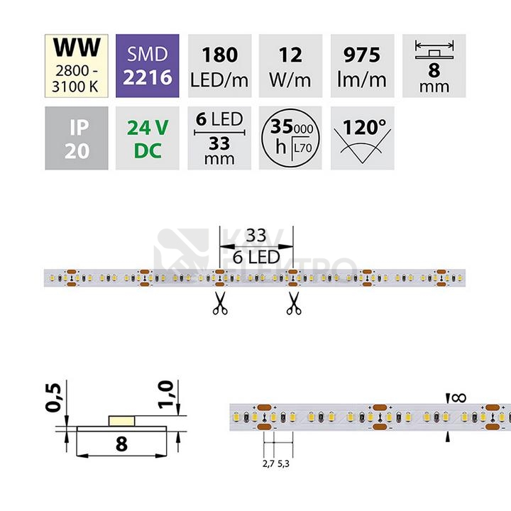 Obrázek produktu LED pásek McLED 24V teplá bílá š=8mm IP20 12W/m 180LED/m SMD2216 ML-126.733.60.0 3