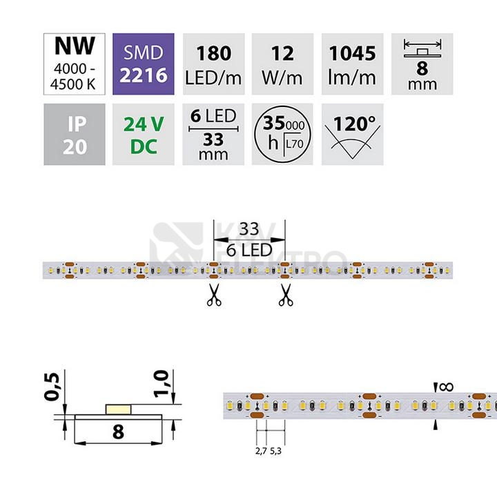 Obrázek produktu LED pásek McLED 24V neutrální bílá š=8mm IP20 12W/m 180LED/m SMD2216 ML-126.734.60.0 3