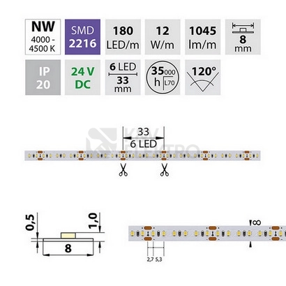 Obrázek produktu LED pásek McLED 24V neutrální bílá š=8mm IP20 12W/m 180LED/m SMD2216 ML-126.734.60.0 4