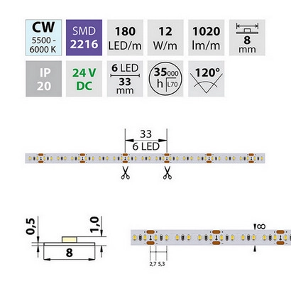 LED pásek McLED 24V studená bílá š=8mm IP20 12W/m 180LED/m SMD2216 ML-126.735.60.0 (obrázek 5)
