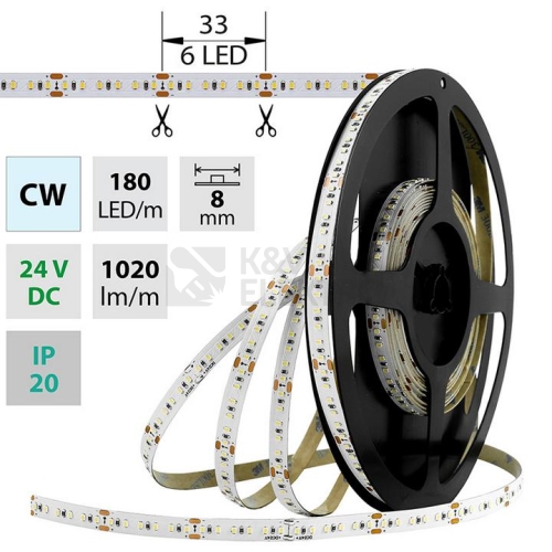 LED pásek McLED 24V studená bílá š=8mm IP20 12W/m 180LED/m SMD2216 ML-126.735.60.0