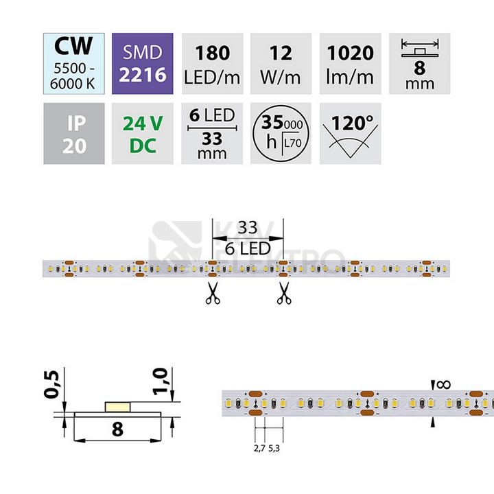 Obrázek produktu LED pásek McLED 24V studená bílá š=8mm IP20 12W/m 180LED/m SMD2216 ML-126.735.60.0 3