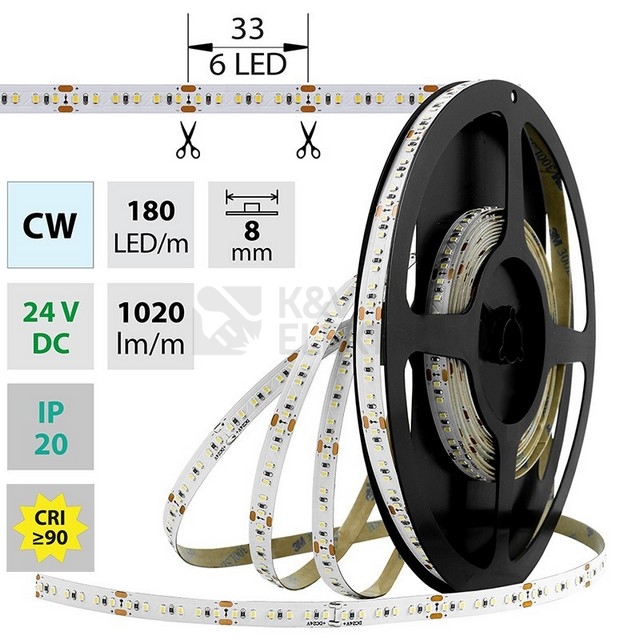 Obrázek produktu LED pásek McLED 24V studená bílá š=8mm IP20 12W/m 180LED/m SMD2216 ML-126.735.60.0 6