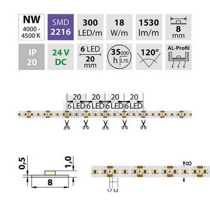 Obrázek produktu LED pásek McLED 24V neutrální bílá š=8mm IP20 18W/m 300LED/m SMD2216 ML-126.737.60.0 4