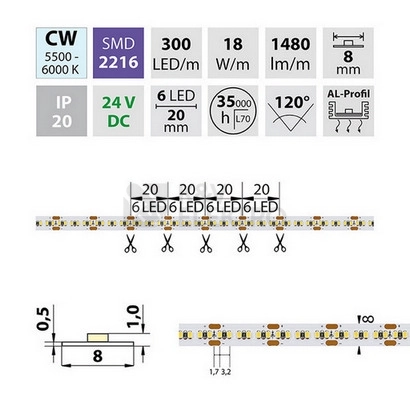 Obrázek produktu LED pásek McLED 24V studená bílá š=8mm IP20 18W/m 300LED/m SMD2216 ML-126.738.60.0 4