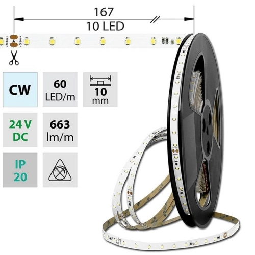 LED pásek McLED 24V studená bílá š=10mm IP20 6,5W/m 60LED/m SMD2835 ML-126.801.60.8