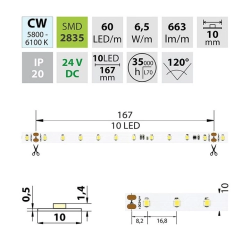 LED pásek McLED 24V studená bílá š=10mm IP20 6,5W/m 60LED/m SMD2835 ML-126.801.60.8 (obrázek 3)