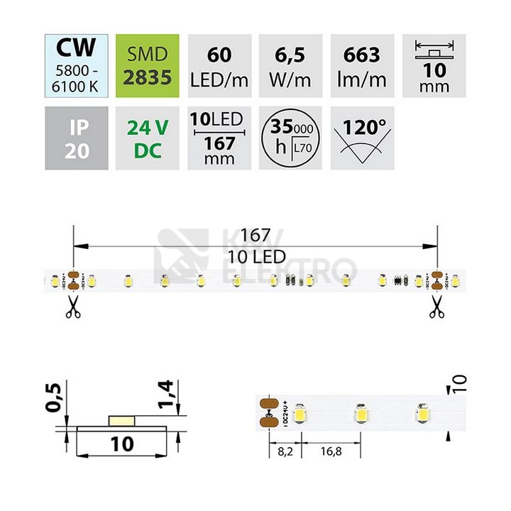 Obrázek produktu  LED pásek McLED 24V studená bílá š=10mm IP20 6,5W/m 60LED/m SMD2835 ML-126.801.60.8 3