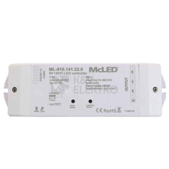 Obrázek produktu  Přijímač řízení jasu RGBW McLED ML-910.141.22.0 RF a Wifi CCT 4 kanály 4x5A 12-36V 0