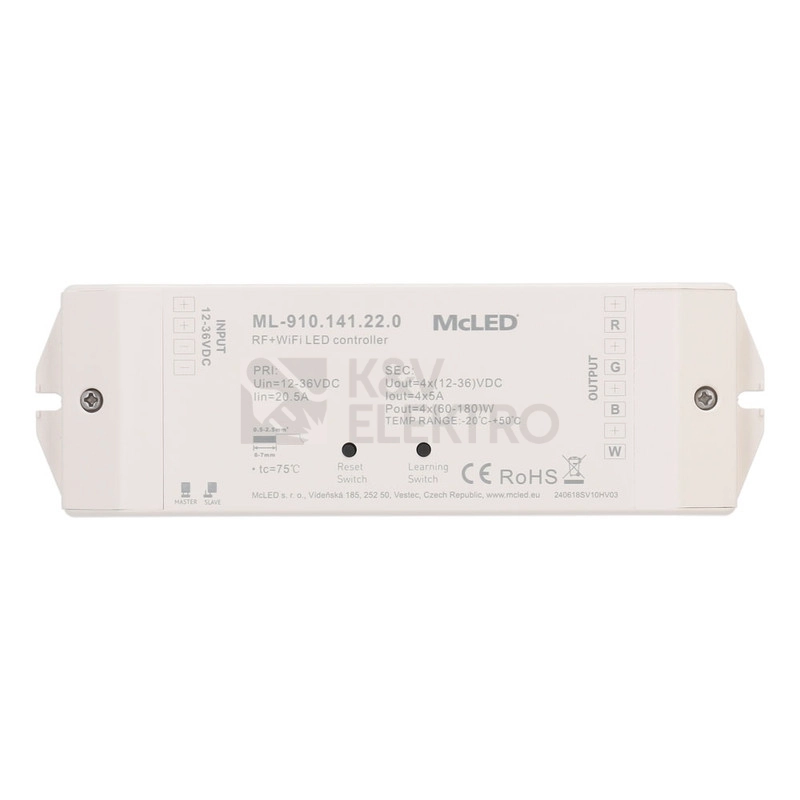 Obrázek produktu Přijímač řízení jasu RGBW McLED ML-910.141.22.0 RF a Wifi CCT 4 kanály 4x5A 12-36V 0