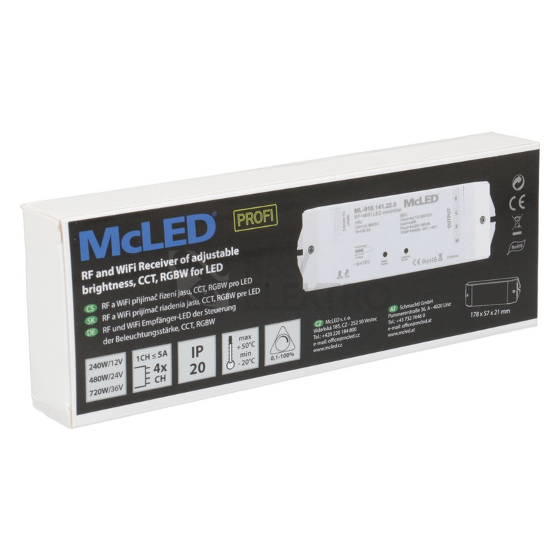 Obrázek produktu  Přijímač řízení jasu RGBW McLED ML-910.141.22.0 RF a Wifi CCT 4 kanály 4x5A 12-36V 1