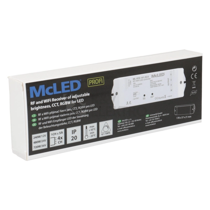 Obrázek produktu Přijímač řízení jasu RGBW McLED ML-910.141.22.0 RF a Wifi CCT 4 kanály 4x5A 12-36V 1
