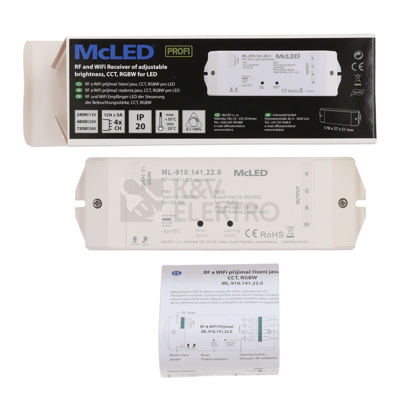 Obrázek produktu  Přijímač řízení jasu RGBW McLED ML-910.141.22.0 RF a Wifi CCT 4 kanály 4x5A 12-36V 9