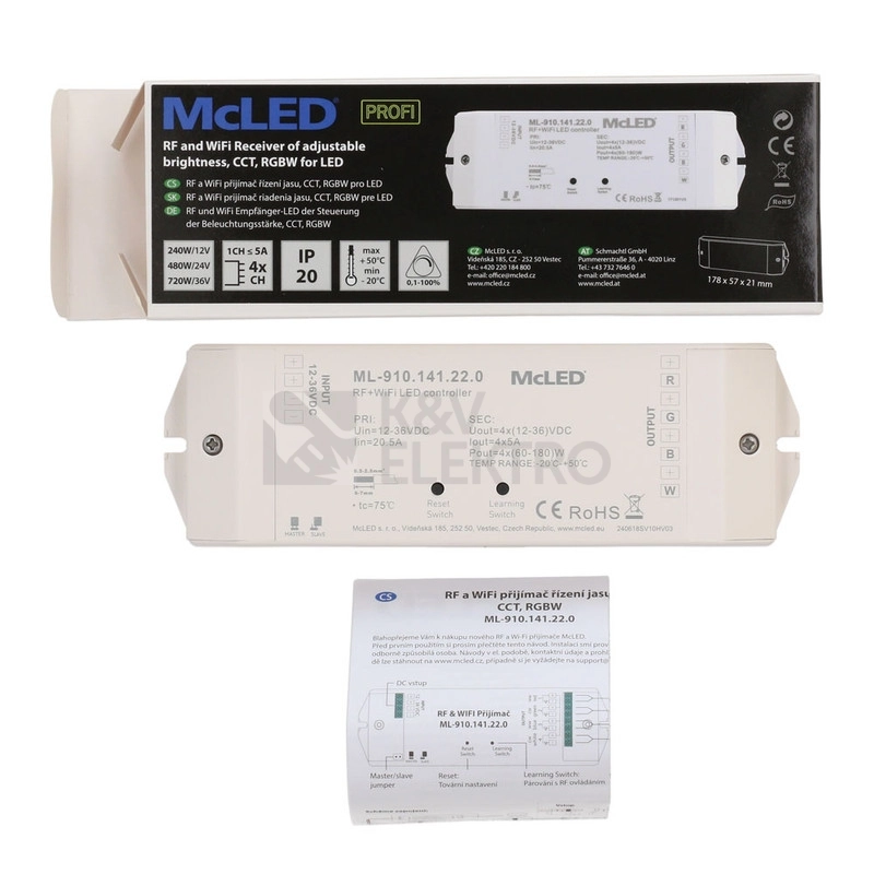 Obrázek produktu Přijímač řízení jasu RGBW McLED ML-910.141.22.0 RF a Wifi CCT 4 kanály 4x5A 12-36V 9